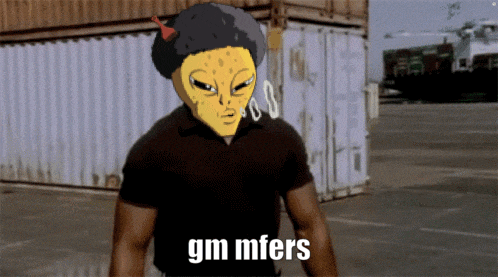 a man with a yellow face and the words gm mfers written below him