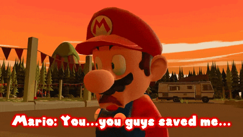 a cartoon of mario with the words " you guys saved me " below him