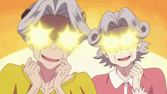 a cartoon drawing of two elderly women wearing star glasses
