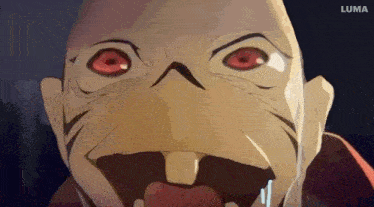 a close up of a cartoon character 's face with red eyes and teeth .