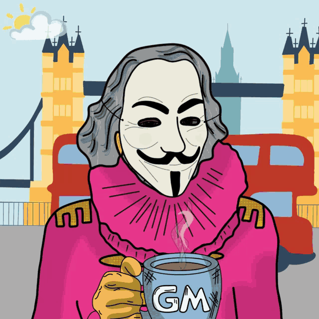 a cartoon of a man wearing a mask holding a cup that says gm on it