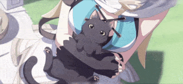 a woman holding a black cat in her arms