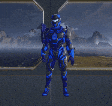 a blue and black armored figure stands in front of a window overlooking the ocean