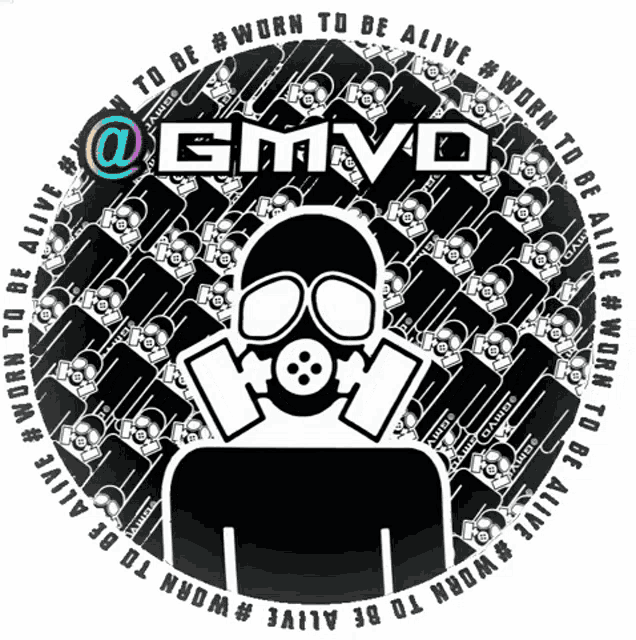 a sticker with a person wearing a gas mask and the word emvd