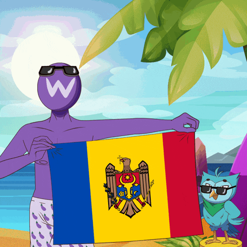 a man with a w on his head holds a romania flag
