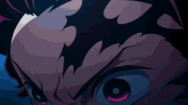 a close up of a person 's face with red eyes and black hair