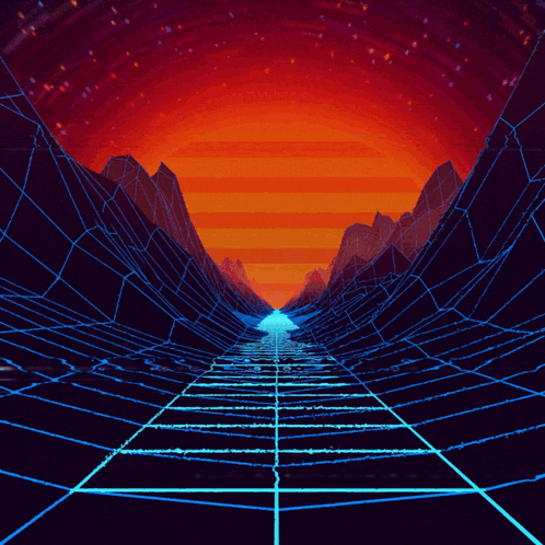 a computer generated image of a road going through a valley with a sunset in the background
