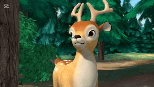 a cartoon deer is standing in the woods with the letter m on the bottom right