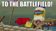 a cartoon of spongebob and a man holding a bottle of mayo