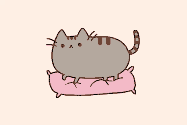 a cartoon cat is laying on a pink pillow with a white background