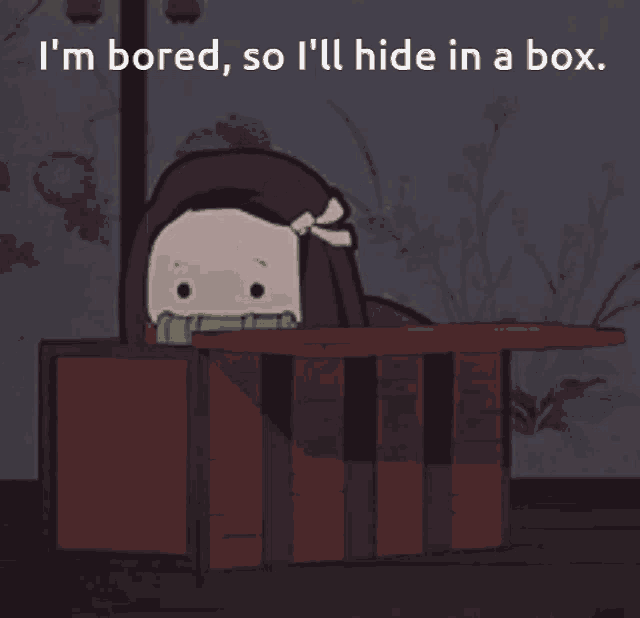 a cartoon character is sitting in a box with the words i 'm bored