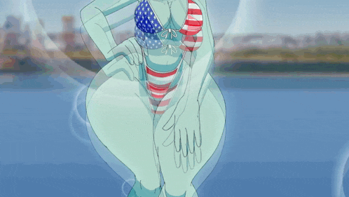 a statue of liberty in a bikini with the american flag on it