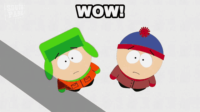 two cartoon characters from south park are standing next to each other and the words wow are above them