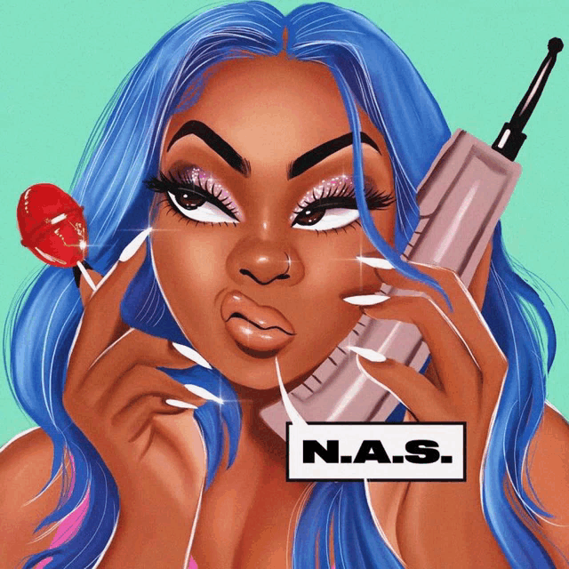 a woman with blue hair is talking on a cell phone with n.a.s. on the bottom right