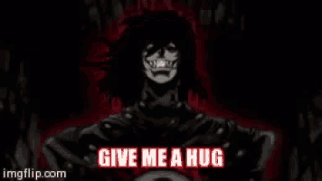 a picture of a vampire with the words give me a hug written on it