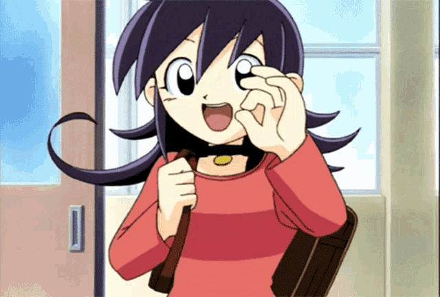 a girl with purple hair and a red shirt is holding a brown bag