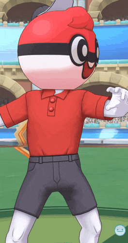 a cartoon character in a red shirt and black shorts