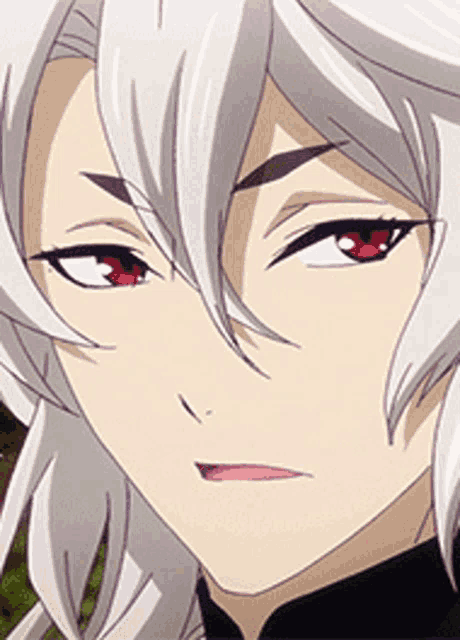 a close up of a person 's face with red eyes and white hair