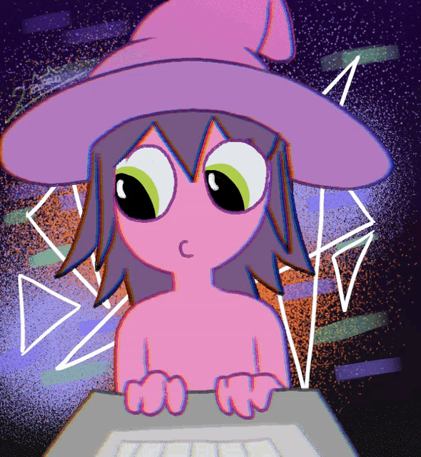 a cartoon drawing of a witch with a purple hat and green eyes