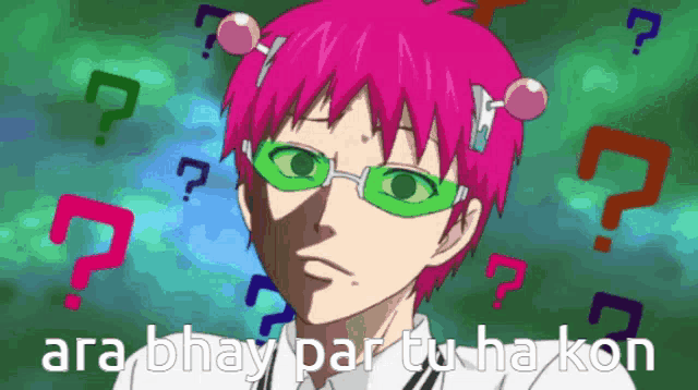a cartoon character with pink hair and green glasses has many question marks around him