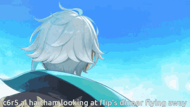 a picture of a person with the words c6r5 at haitham looking at flip 's dinner flying away below it