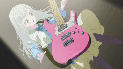 a girl with white hair is holding a pink guitar in her hand