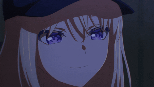 a close up of a blonde anime girl with purple eyes