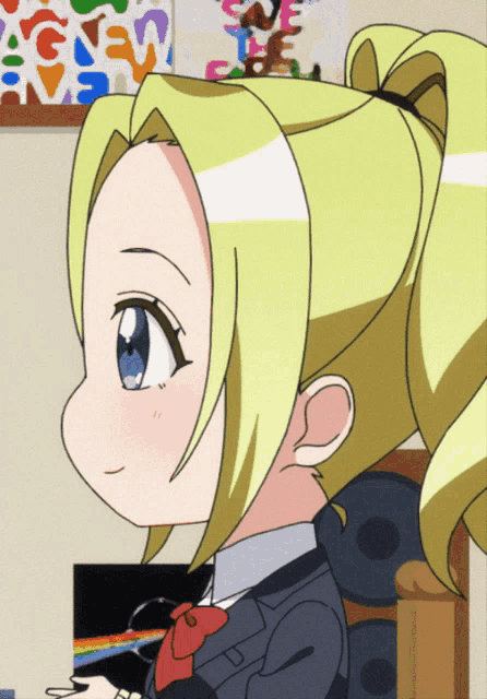 a cartoon girl with blonde hair and blue eyes is sitting in front of a rainbow