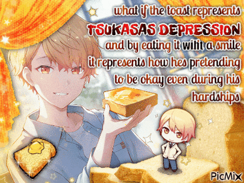 a boy is holding a piece of toast with butter on it