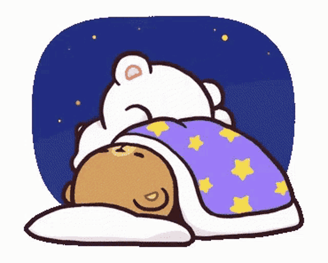 a cartoon of two bears sleeping under a purple blanket with stars on it .