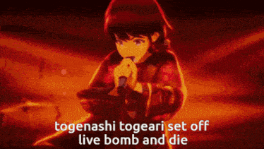 a girl singing into a microphone with the words togerashi togeari set off live bomb and die