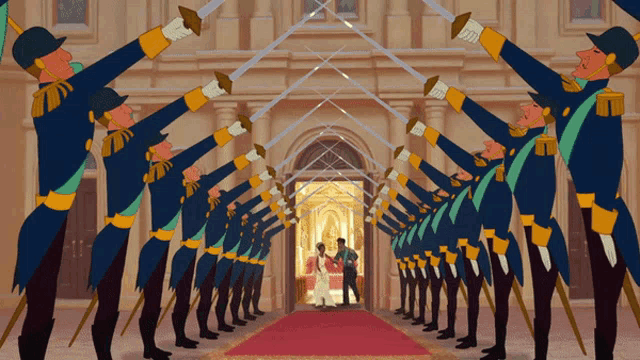 a cartoon of soldiers holding swords in a line