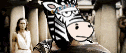 a man with a zebra mask on his head stands in front of a woman in a white dress