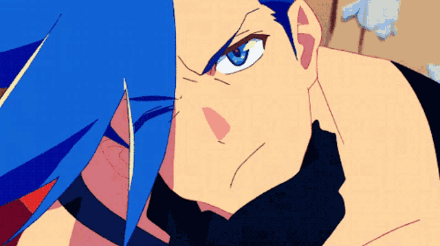 a cartoon character with blue hair and blue eyes
