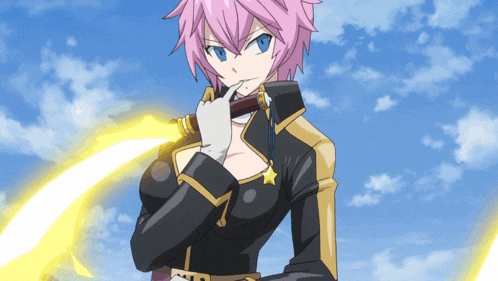 a girl with pink hair and blue eyes holds a yellow sword