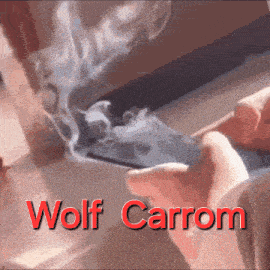 a person is smoking a cigarette and the name wolf carrom is on the bottom right