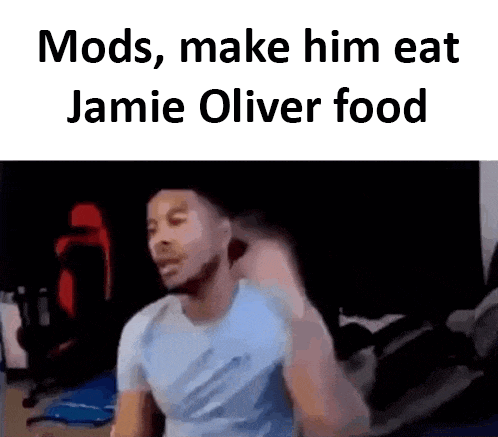 a man in a blue shirt is making a funny face while talking about jamie oliver food .