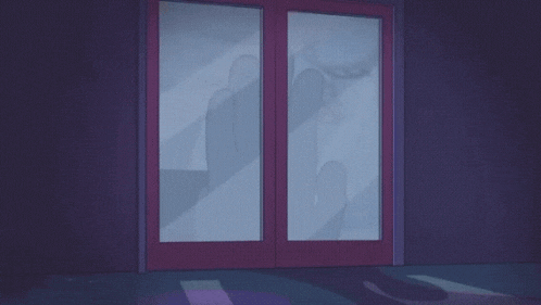 a cartoon drawing of a person standing in front of a glass door at night .