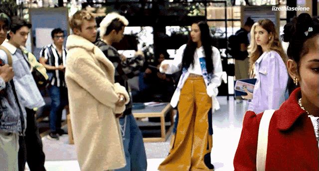 a group of people are standing in a hallway with the caption lizandlaselene on the bottom left