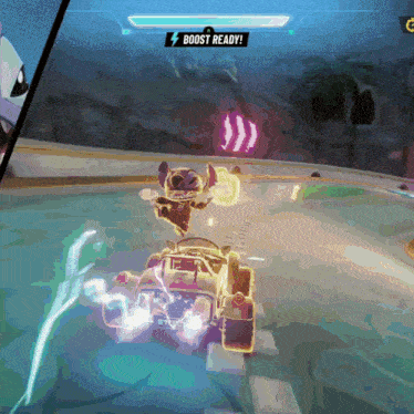 a cartoon character is driving a car with a sign that says boost ready