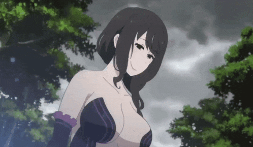 a cartoon character with a very large breast is standing in front of trees