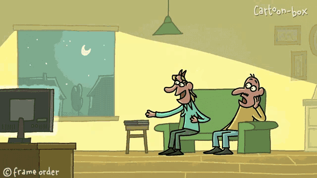 a cartoon of two people sitting on a couch with cartoon-box written in the corner