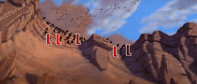 a painting of birds flying over a mountain with the letters ll visible