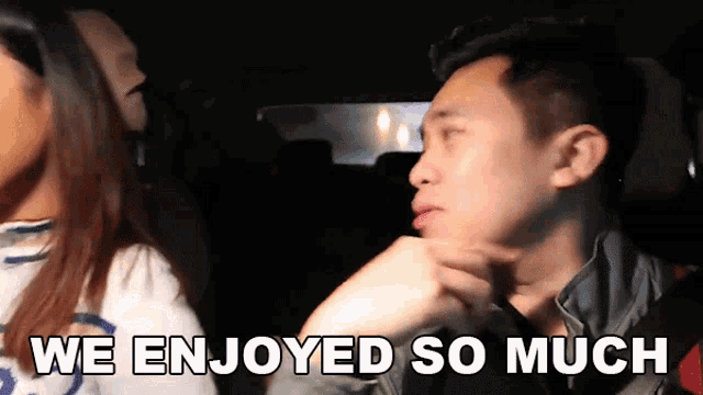 a man and woman in a car with the words we enjoyed so much above them