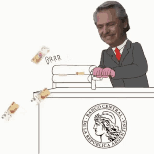 a cartoon of a man in a suit and tie standing behind a counter with money falling from the sky .