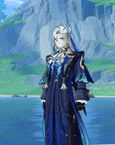 a person is standing in front of a body of water in a video game .