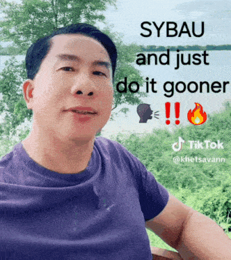 a man in a purple shirt with a caption that says sybau and just do it gooner