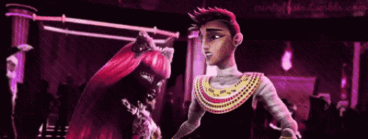 a couple of monster high characters are standing next to each other in a dark room .