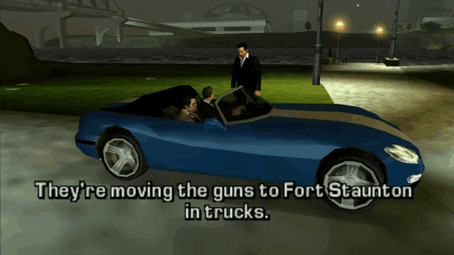 a screenshot of a video game with the words " they 're moving the guns to fort staunton in trucks "