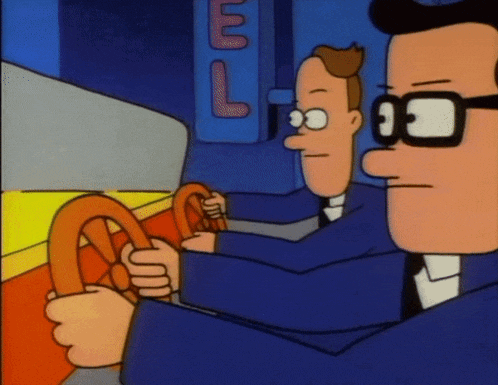 a cartoon of two men driving in front of a sign that says l